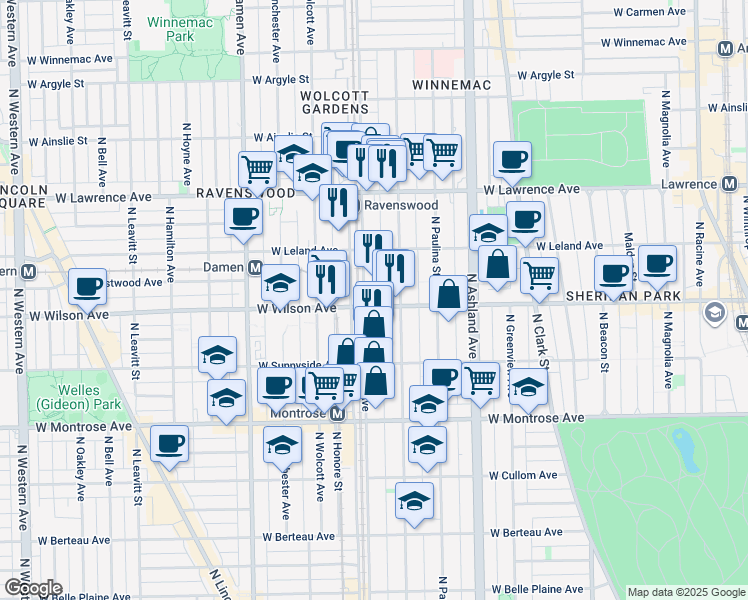 map of restaurants, bars, coffee shops, grocery stores, and more near 4601 North Ravenswood Avenue in Chicago