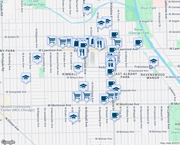 map of restaurants, bars, coffee shops, grocery stores, and more near 3341 West Eastwood Avenue in Chicago