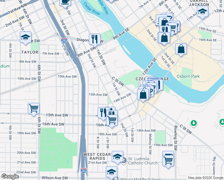 map of restaurants, bars, coffee shops, grocery stores, and more near 182 13th Avenue Southwest in Cedar Rapids