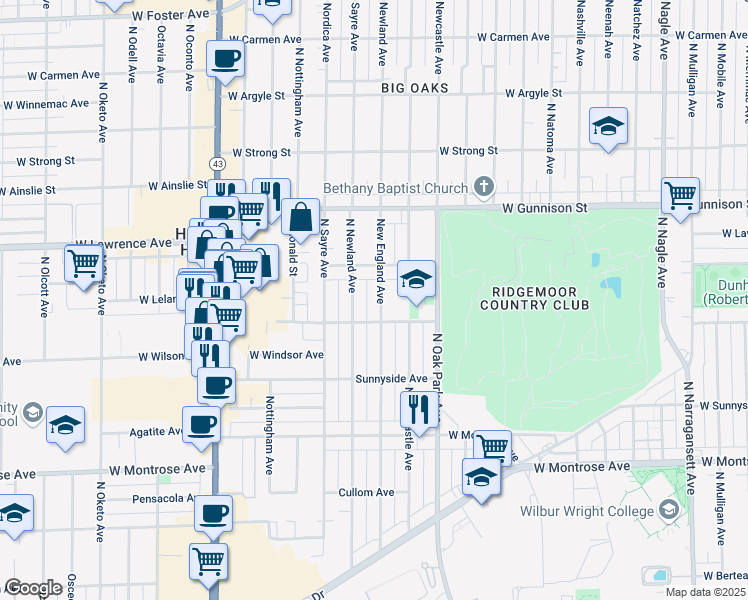 map of restaurants, bars, coffee shops, grocery stores, and more near 4628 New England Avenue in Harwood Heights
