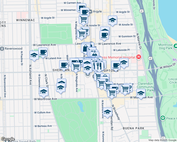 map of restaurants, bars, coffee shops, grocery stores, and more near 1122 West Wilson Avenue in Chicago