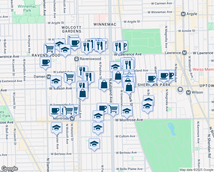 map of restaurants, bars, coffee shops, grocery stores, and more near 4613 North Paulina Street in Chicago