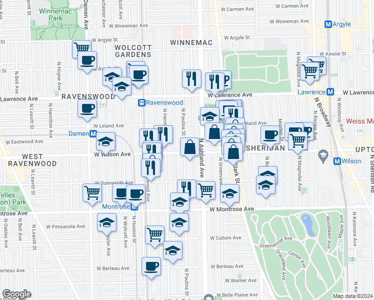 map of restaurants, bars, coffee shops, grocery stores, and more near 4613 North Paulina Street in Chicago