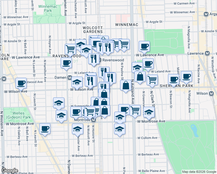 map of restaurants, bars, coffee shops, grocery stores, and more near 4611 North Ravenswood Avenue in Chicago