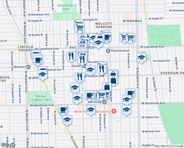 map of restaurants, bars, coffee shops, grocery stores, and more near 4600 North Winchester Avenue in Chicago