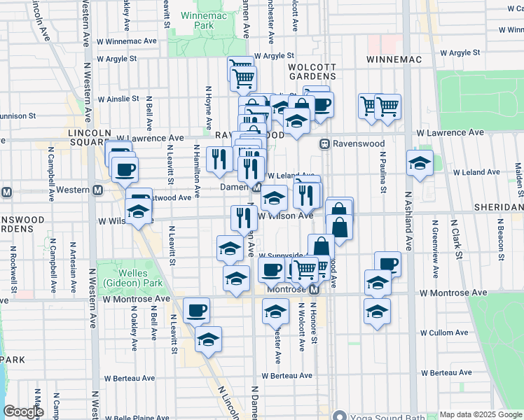 map of restaurants, bars, coffee shops, grocery stores, and more near 4600 North Winchester Avenue in Chicago