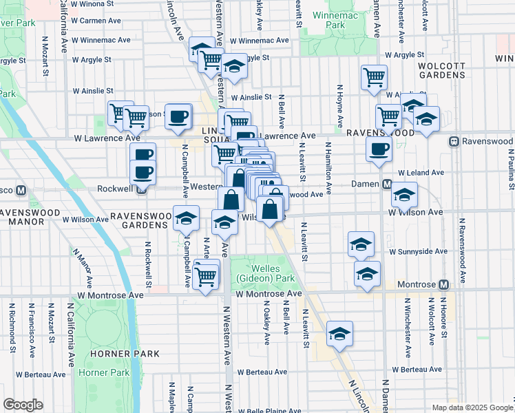 map of restaurants, bars, coffee shops, grocery stores, and more near 4628 North Lincoln Avenue in Chicago