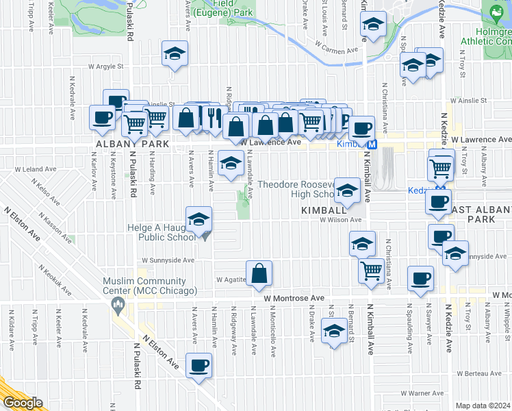 map of restaurants, bars, coffee shops, grocery stores, and more near 4624 North Monticello Avenue in Chicago
