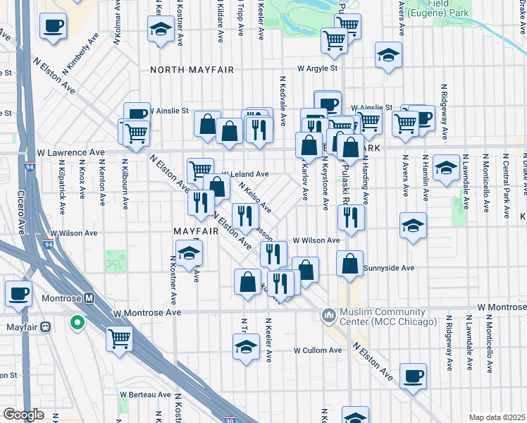 map of restaurants, bars, coffee shops, grocery stores, and more near 4651 North Kiona Avenue in Chicago
