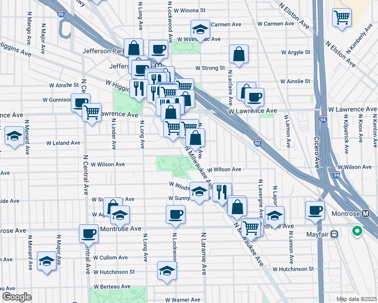 map of restaurants, bars, coffee shops, grocery stores, and more near 5235 West Leland Avenue in Chicago