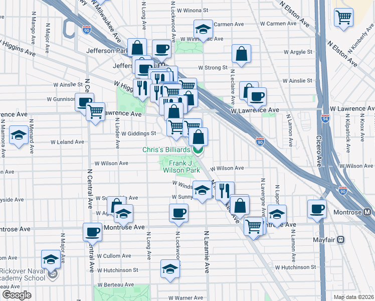 map of restaurants, bars, coffee shops, grocery stores, and more near 5235 West Leland Avenue in Chicago