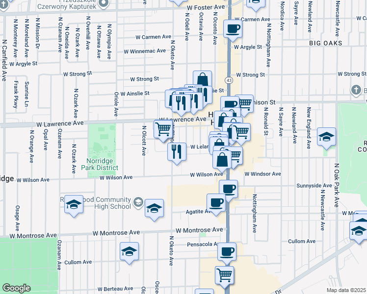 map of restaurants, bars, coffee shops, grocery stores, and more near 4701 North Oketo Avenue in Harwood Heights