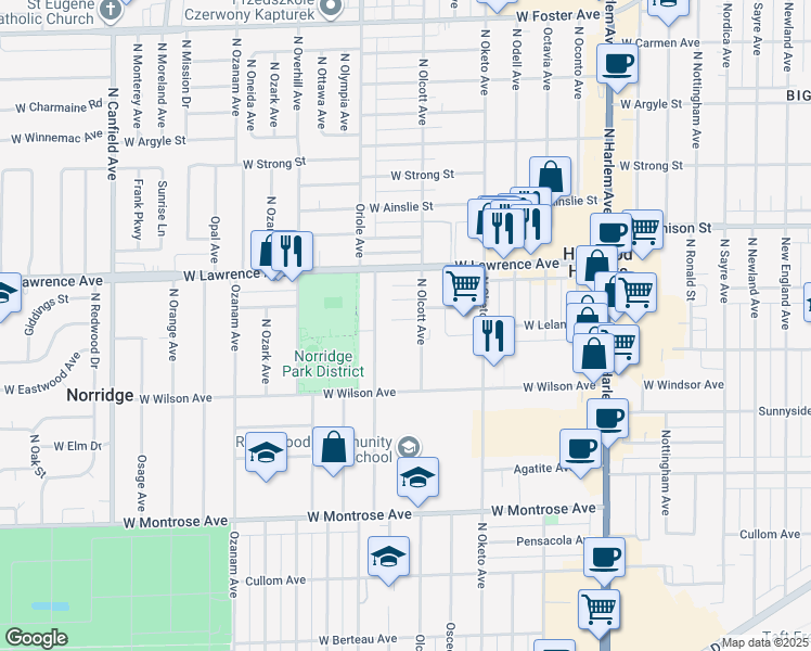 map of restaurants, bars, coffee shops, grocery stores, and more near 4701 Olcott Avenue in Harwood Heights