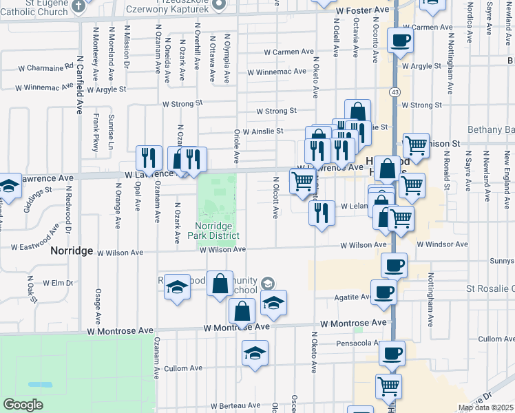 map of restaurants, bars, coffee shops, grocery stores, and more near 4709 North Oriole Avenue in Norridge