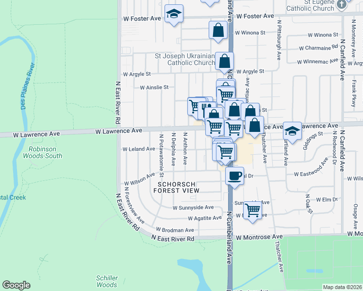 map of restaurants, bars, coffee shops, grocery stores, and more near 4715 North Delphia Avenue in Chicago