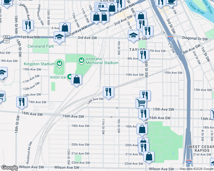 map of restaurants, bars, coffee shops, grocery stores, and more near 1034 10th St SW in Cedar Rapids
