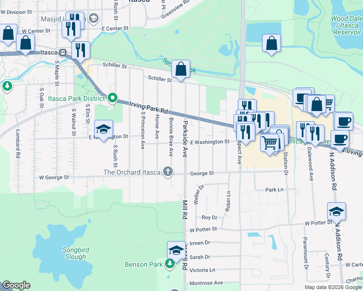 map of restaurants, bars, coffee shops, grocery stores, and more near 820 East Washington Street in Itasca