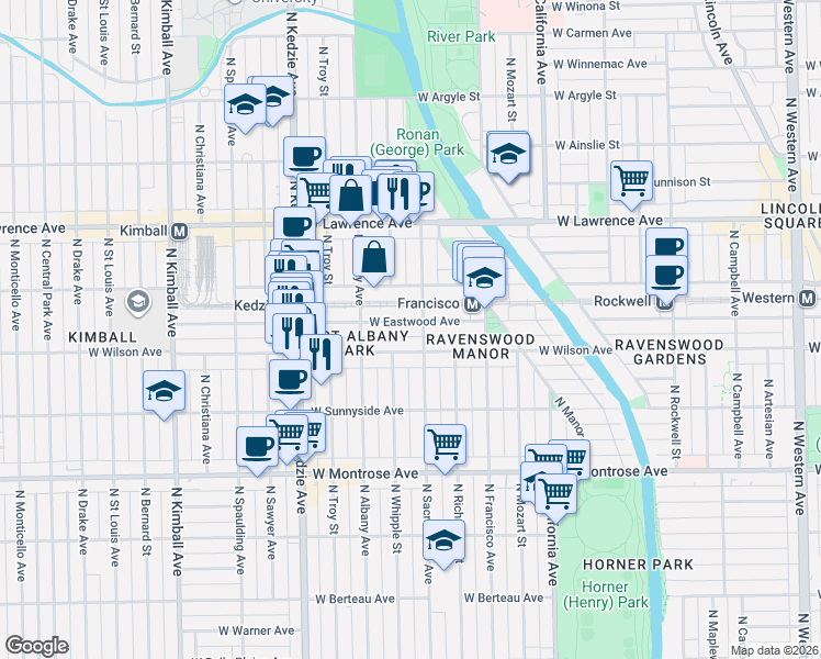 map of restaurants, bars, coffee shops, grocery stores, and more near 3001 West Eastwood Avenue in Chicago
