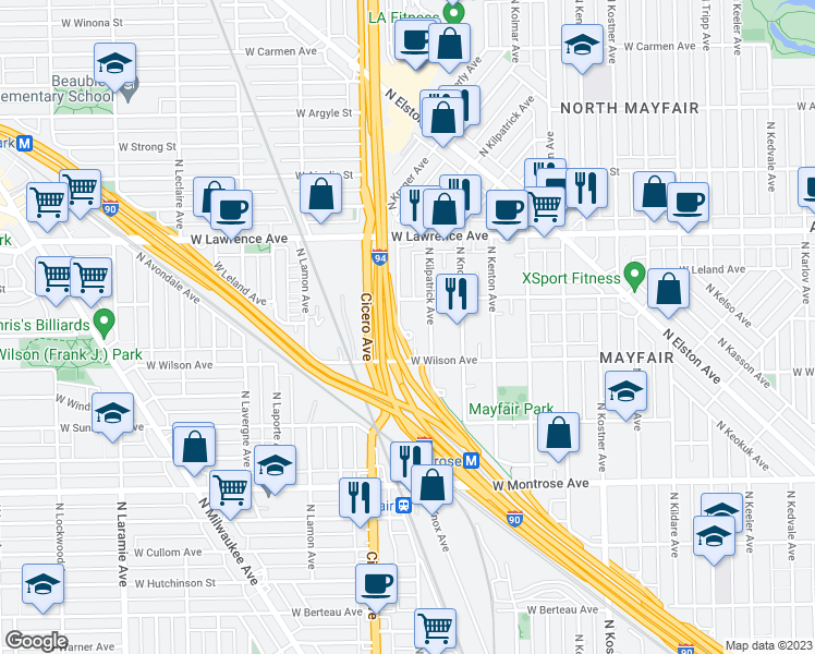 map of restaurants, bars, coffee shops, grocery stores, and more near 4631 North Keating Avenue in Chicago