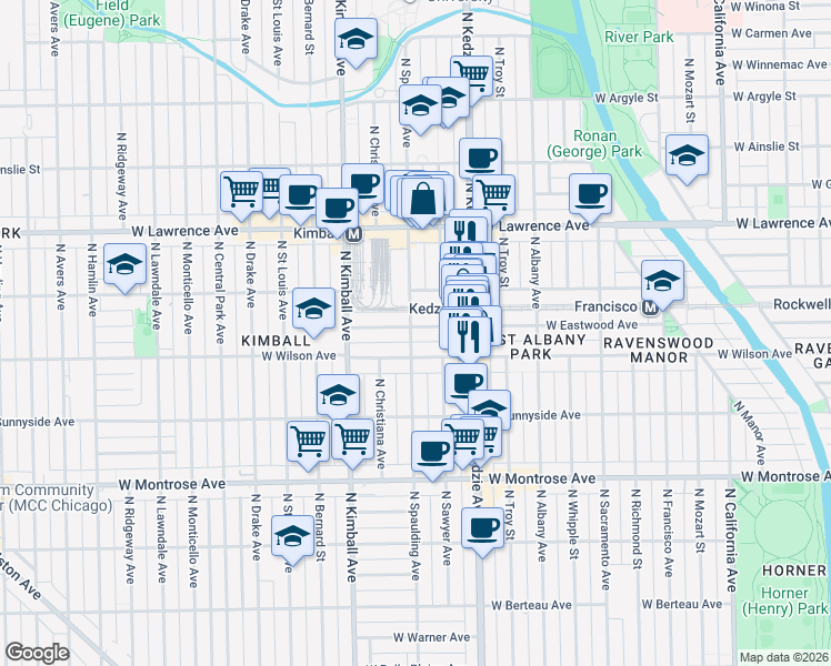 map of restaurants, bars, coffee shops, grocery stores, and more near 3255 West Eastwood Avenue in Chicago