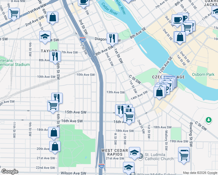 map of restaurants, bars, coffee shops, grocery stores, and more near 1213 3rd Street Southwest in Cedar Rapids