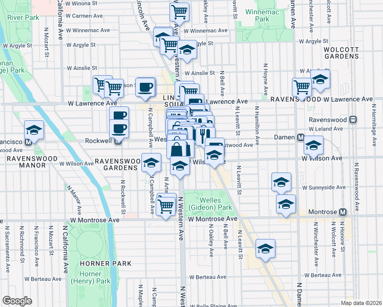 map of restaurants, bars, coffee shops, grocery stores, and more near 4616 North Claremont Avenue in Chicago