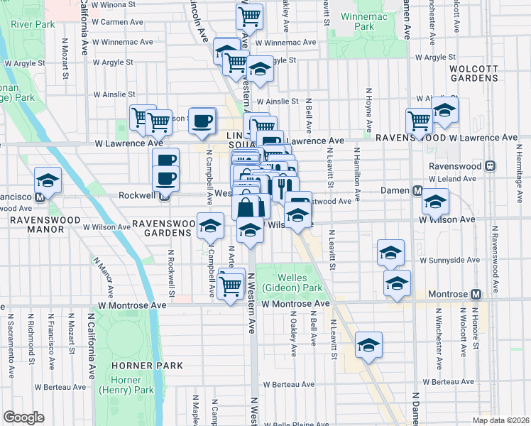 map of restaurants, bars, coffee shops, grocery stores, and more near in Chicago