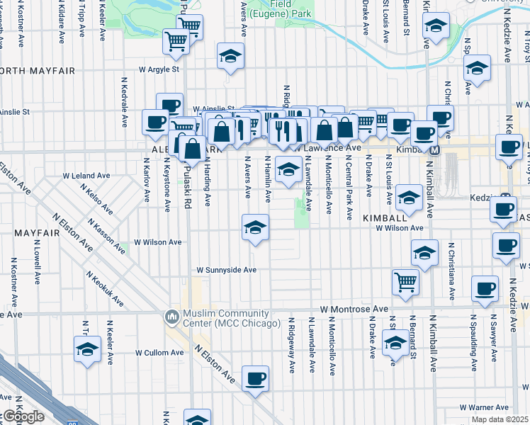 map of restaurants, bars, coffee shops, grocery stores, and more near 4624 North Hamlin Avenue in Chicago