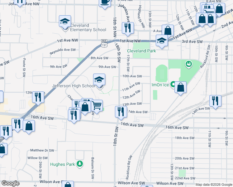 map of restaurants, bars, coffee shops, grocery stores, and more near 1100 18th Street Southwest in Cedar Rapids