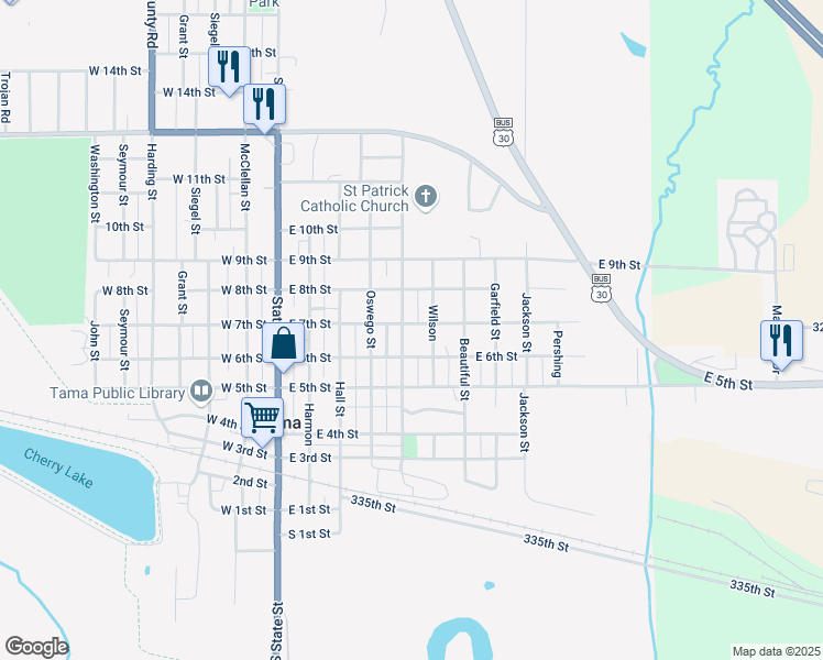 map of restaurants, bars, coffee shops, grocery stores, and more near 551-599 East 7th Street in Tama