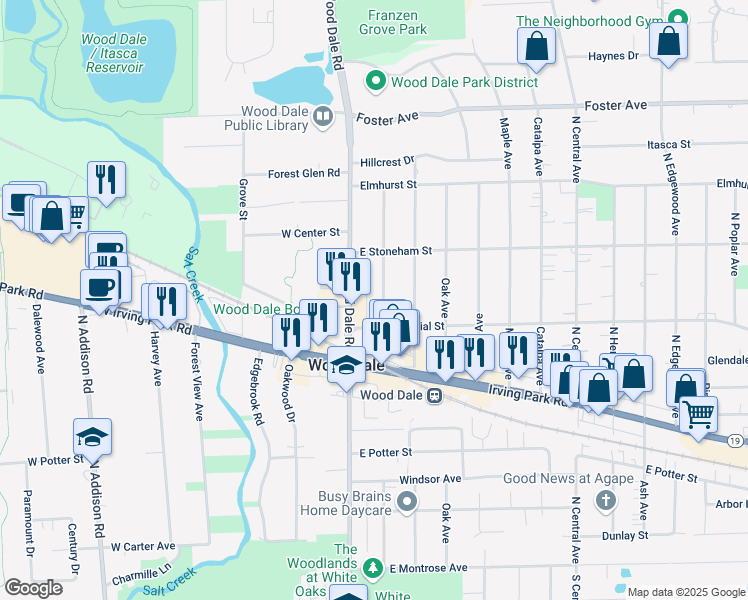 map of restaurants, bars, coffee shops, grocery stores, and more near 352 Walnut Avenue in Wood Dale