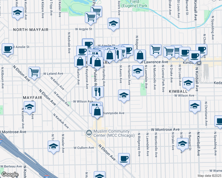 map of restaurants, bars, coffee shops, grocery stores, and more near 4628 North Springfield Avenue in Chicago
