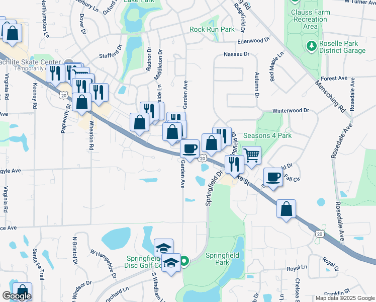 map of restaurants, bars, coffee shops, grocery stores, and more near 24W462 Lake Street in Roselle
