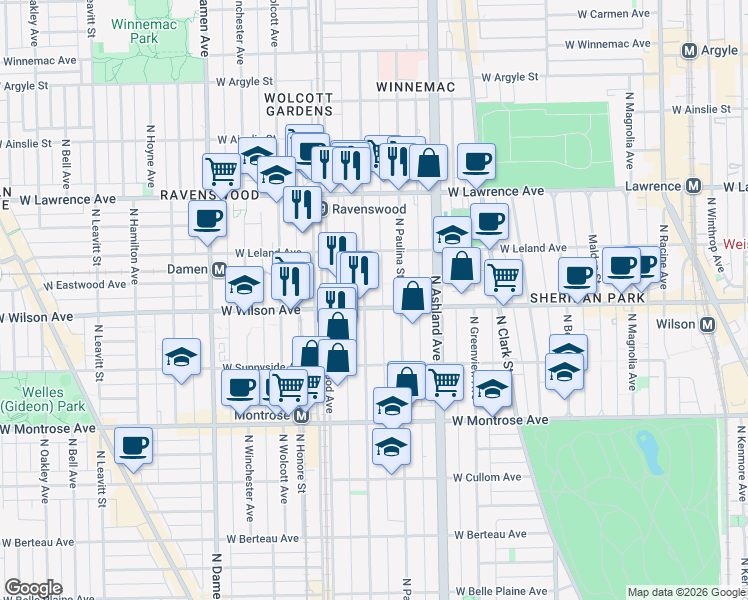map of restaurants, bars, coffee shops, grocery stores, and more near 4605 North Hermitage Avenue in Chicago