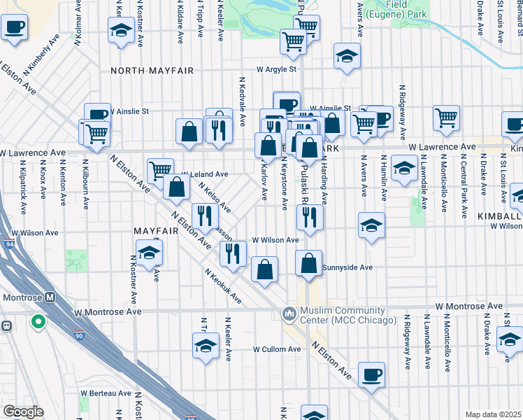 map of restaurants, bars, coffee shops, grocery stores, and more near 4646 North Karlov Avenue in Chicago