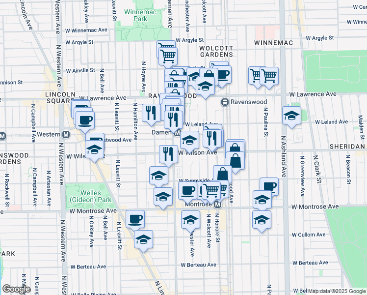 map of restaurants, bars, coffee shops, grocery stores, and more near 1952 West Wilson Avenue in Chicago