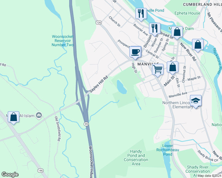 map of restaurants, bars, coffee shops, grocery stores, and more near 30 Sayles Hill Road in Lincoln