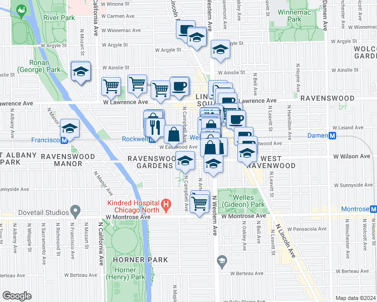 map of restaurants, bars, coffee shops, grocery stores, and more near 4615 North Campbell Avenue in Chicago