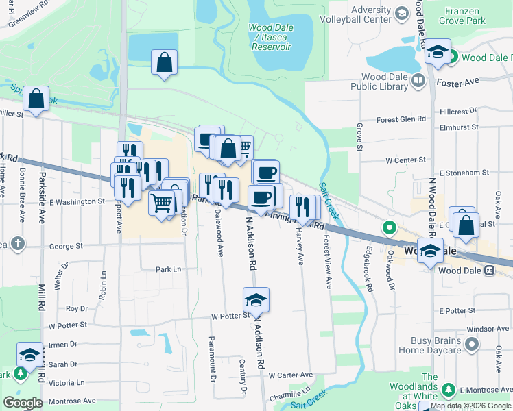 map of restaurants, bars, coffee shops, grocery stores, and more near 337 West Irving Park Road in Wood Dale
