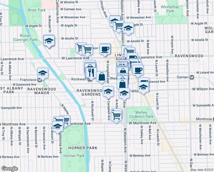 map of restaurants, bars, coffee shops, grocery stores, and more near 2501 West Eastwood Avenue in Chicago