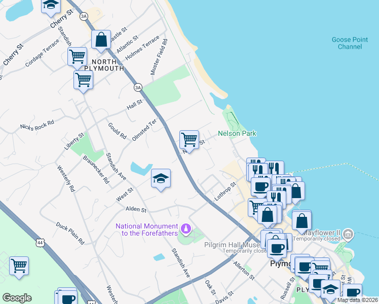 map of restaurants, bars, coffee shops, grocery stores, and more near 5 Nelson Street in Plymouth