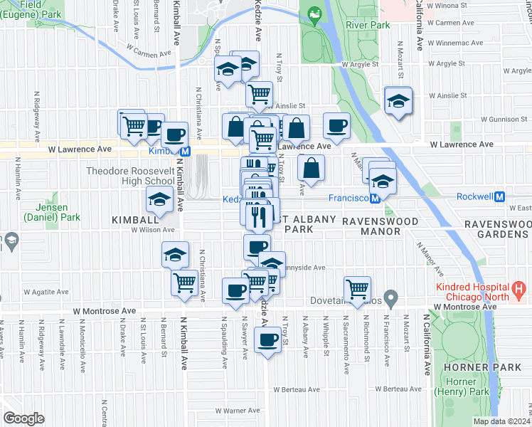 map of restaurants, bars, coffee shops, grocery stores, and more near 4625 North Kedzie Avenue in Chicago
