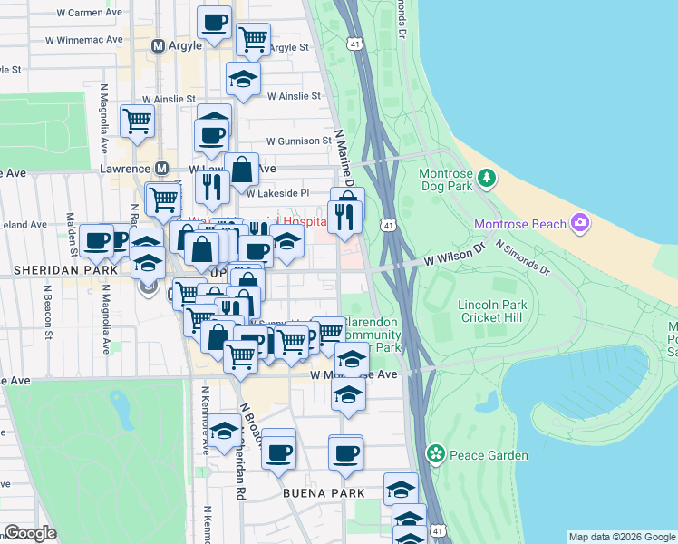 map of restaurants, bars, coffee shops, grocery stores, and more near W Wilson Ave & N Clarendon Ave in Chicago