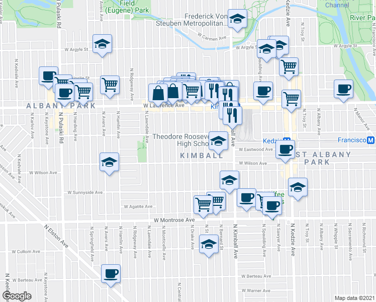 map of restaurants, bars, coffee shops, grocery stores, and more near 4622 North Drake Avenue in Chicago