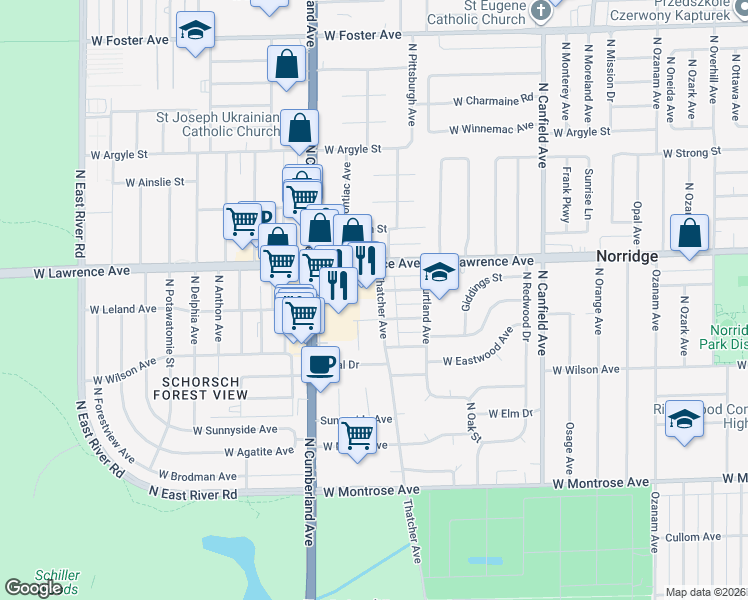 map of restaurants, bars, coffee shops, grocery stores, and more near 4728 Thatcher Avenue in Norridge
