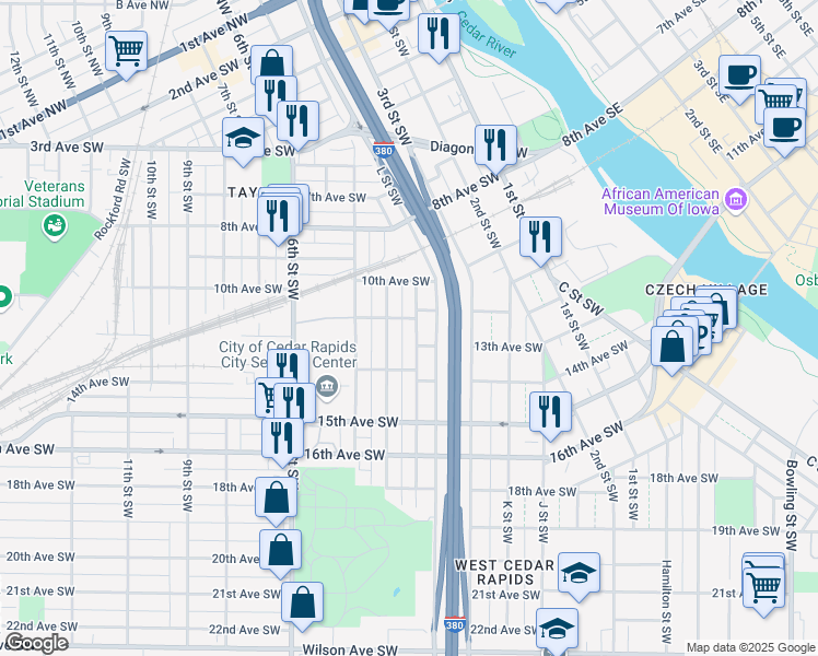 map of restaurants, bars, coffee shops, grocery stores, and more near 1206 M Street Southwest in Cedar Rapids