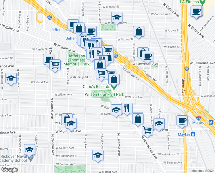 map of restaurants, bars, coffee shops, grocery stores, and more near 5235 West Leland Avenue in Chicago