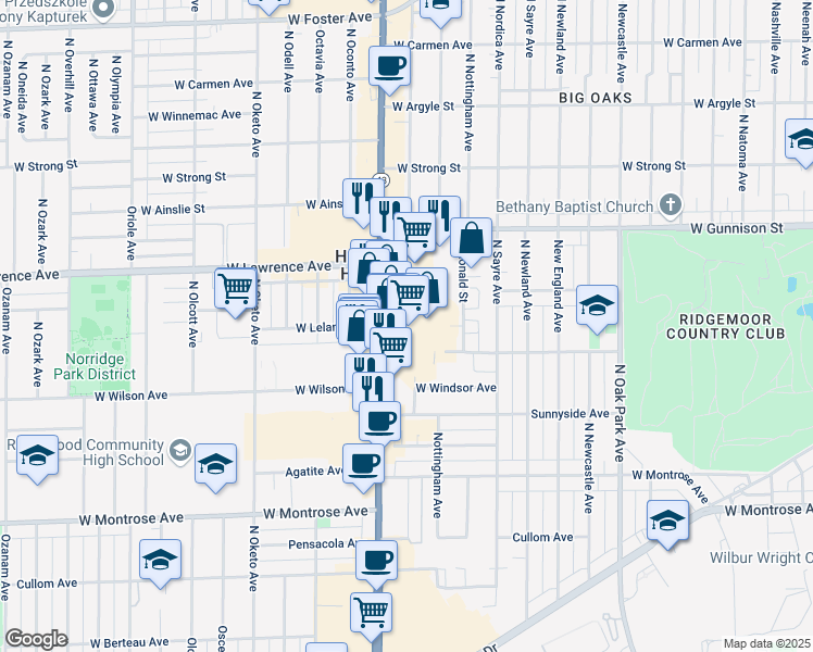 map of restaurants, bars, coffee shops, grocery stores, and more near 4001 North Harlem Avenue in Chicago