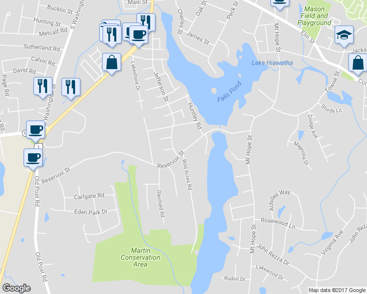map of restaurants, bars, coffee shops, grocery stores, and more near 302 Reservoir Street in North Attleborough