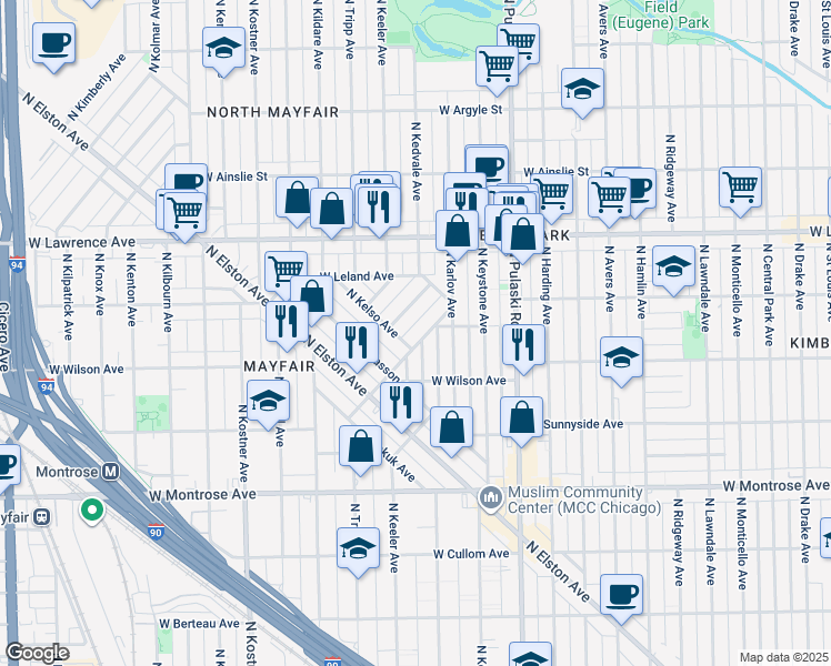 map of restaurants, bars, coffee shops, grocery stores, and more near 4642 North Kennicott Avenue in Chicago